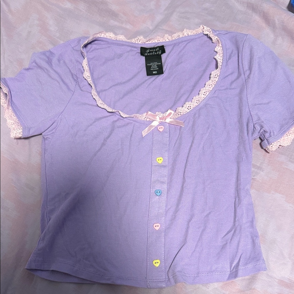 Hot Topic Lavender Button Down Shirt with Lace Trim